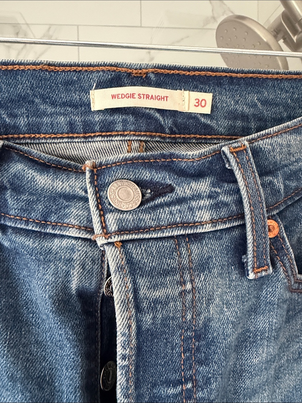 Levi's Women's Straight Leg Jeans in Blue Denim with Orange Stitching